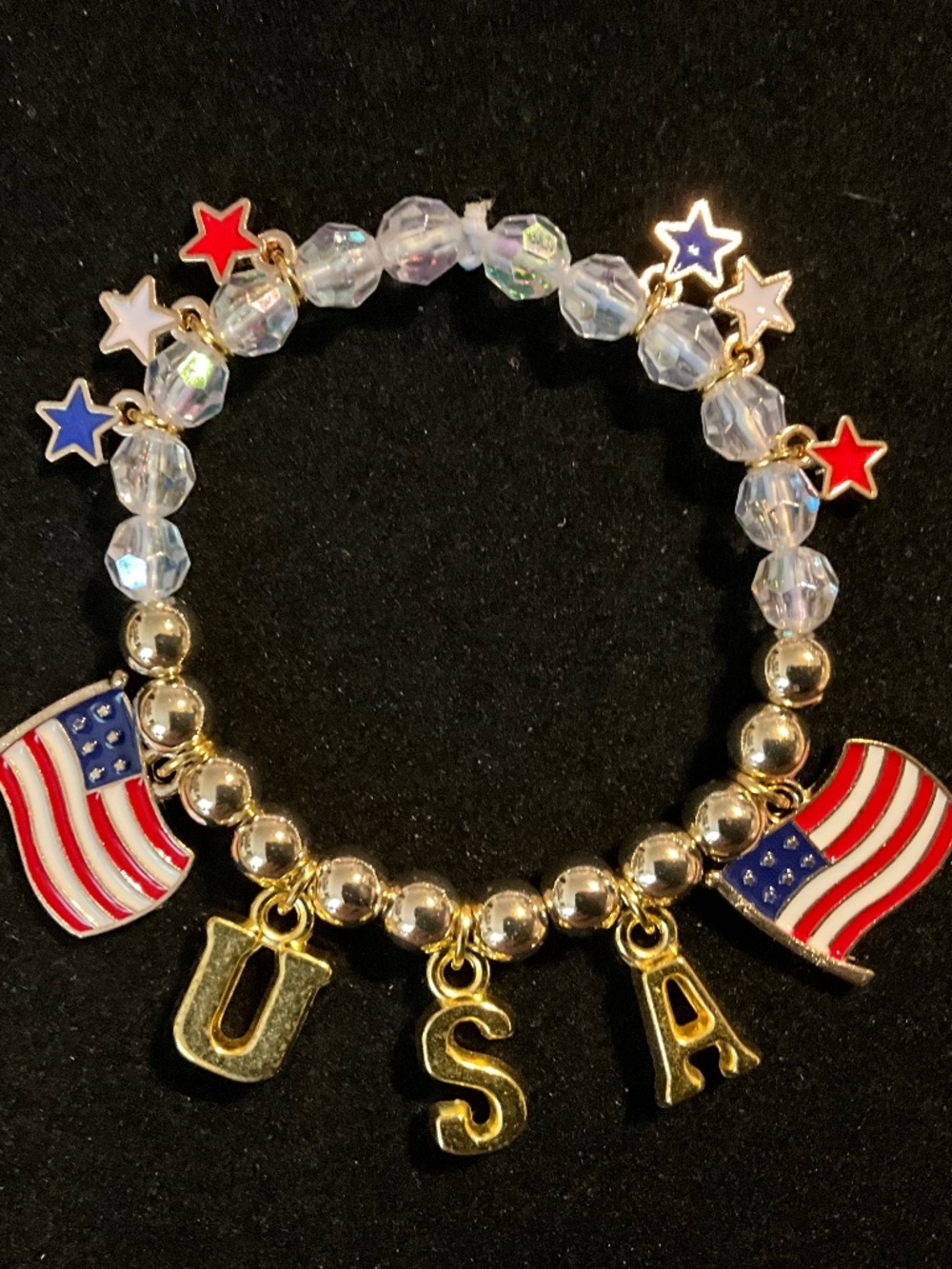 Parky’s Place USA Patriotic Charm Stretch Bracelet Flags Stars